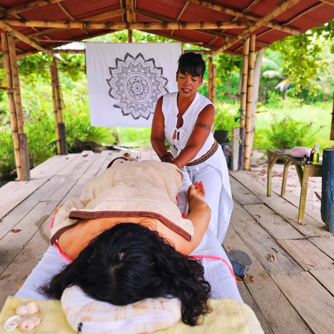 Traditional holistic ceremony with medicinal herbs and mountain views