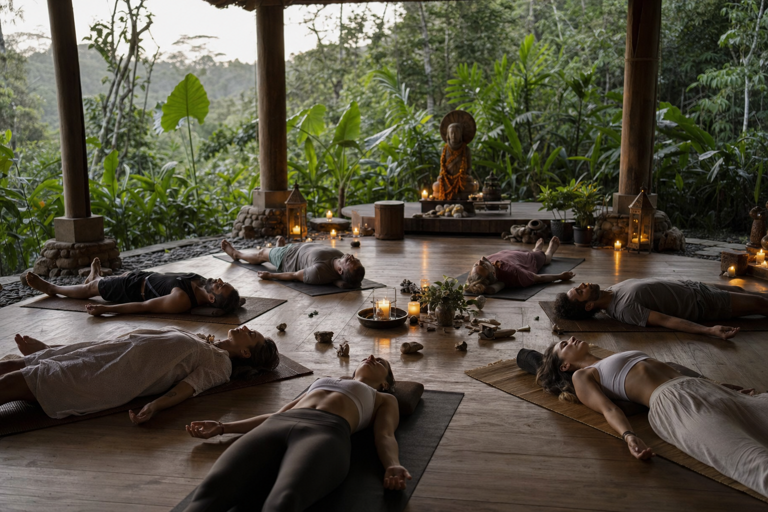 People lying in a circle on mats during a breathwork session in an open-air jungle ceremony space