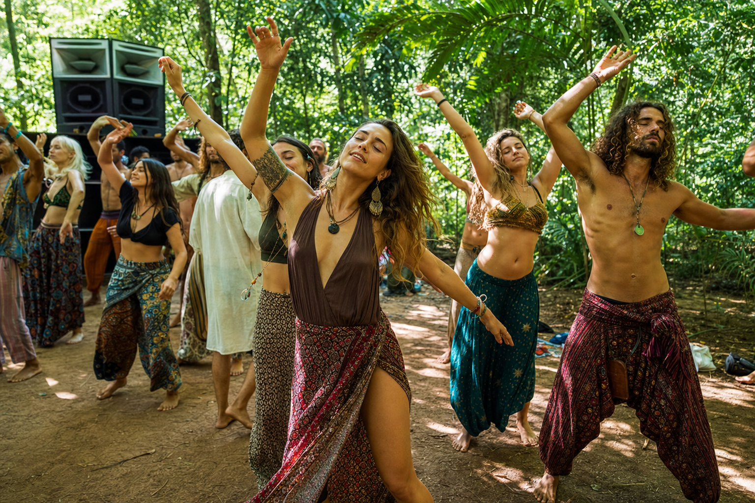 Group of people dancing freely in the jungle, arms raised, eyes closed, in ecstatic movement