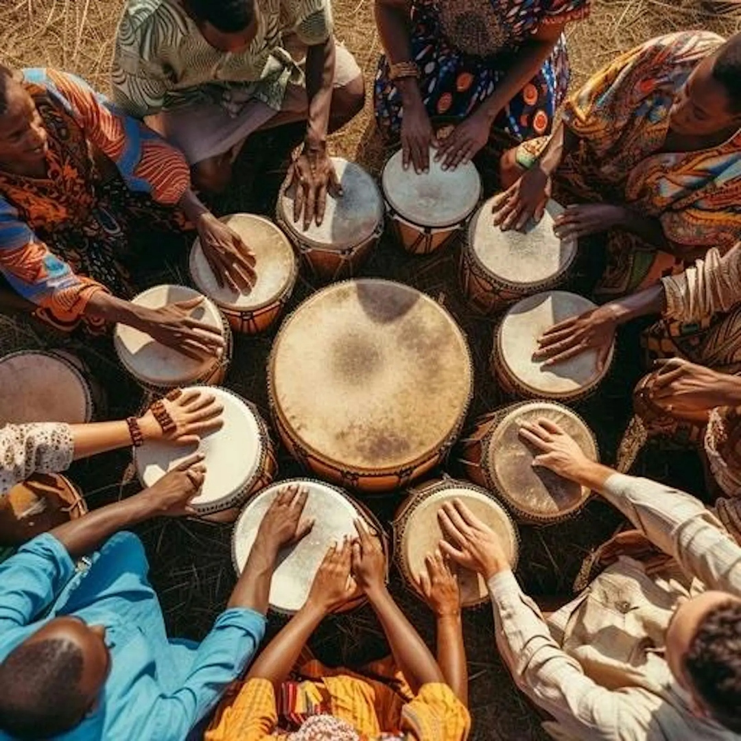 Community circle of drummers in sacred ceremony