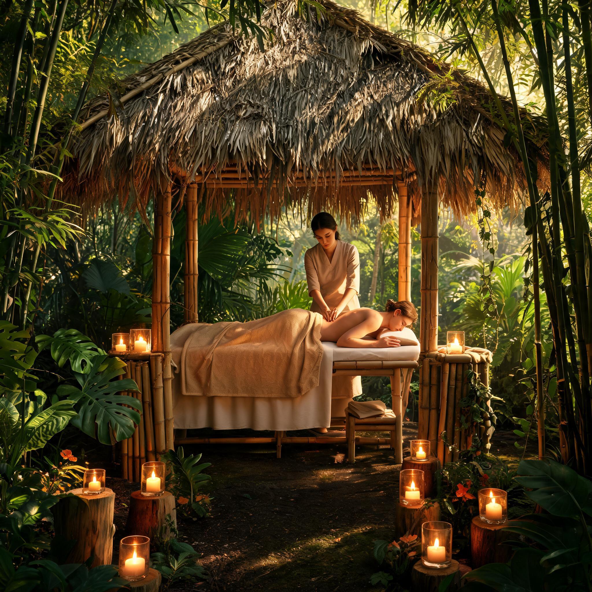 Therapeutic massage session under a bamboo palapa surrounded by candles and tropical jungle