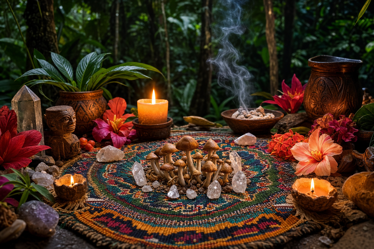 Sacred ceremony altar with psilocybin mushrooms, crystals, flowers and candles on a woven textile in the jungle
