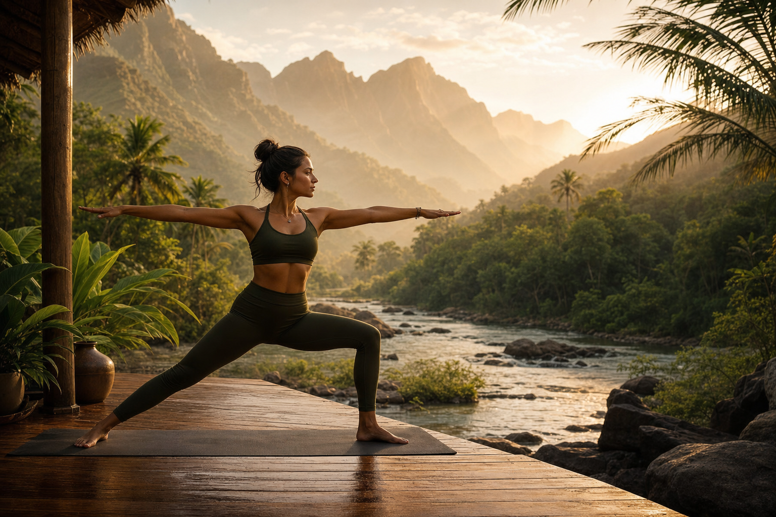 Woman in warrior pose practicing yoga on a riverside deck in the Sierra Nevada jungle