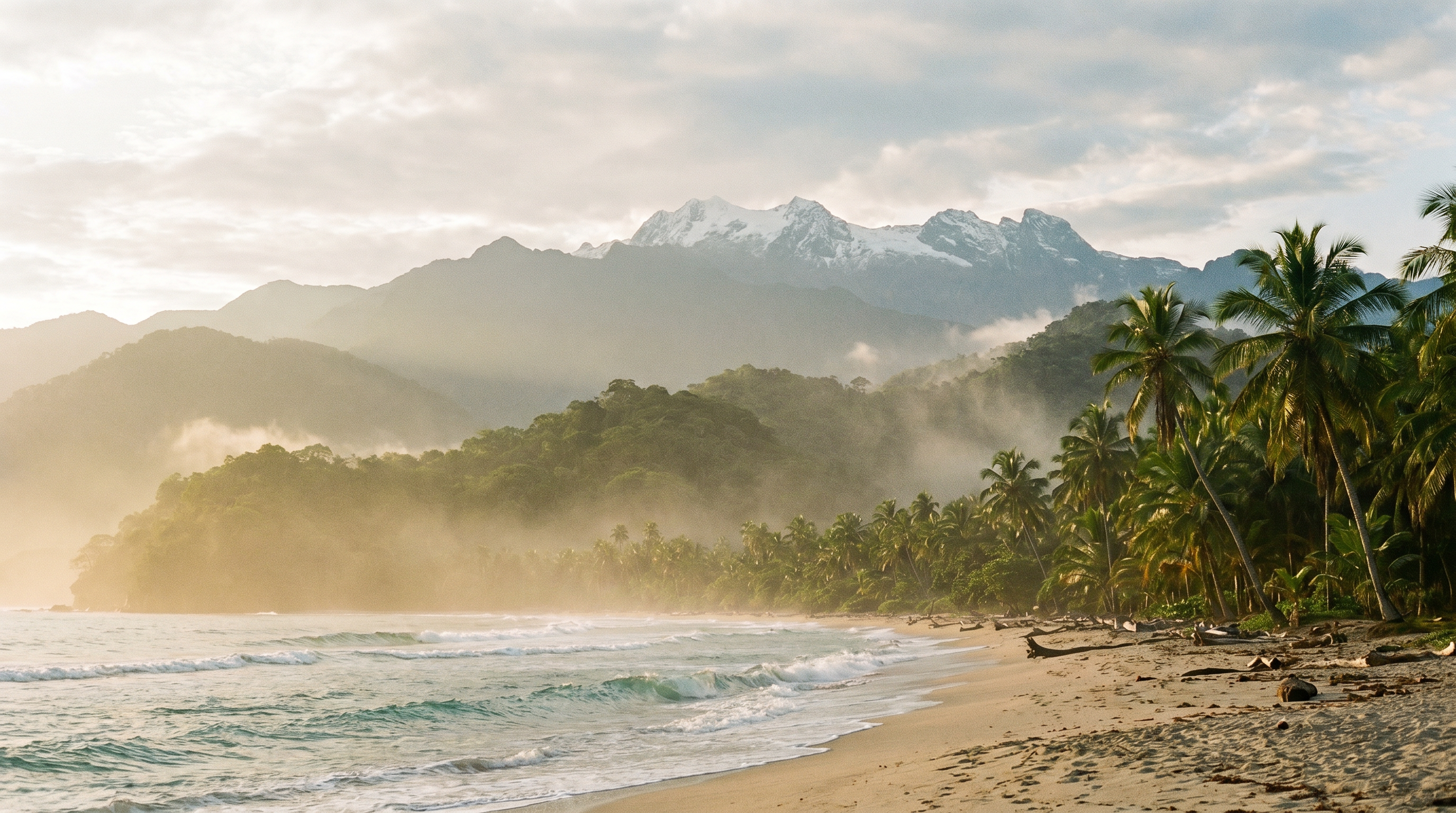 Whitewashed Casa Brújula nestled in misty cloud forest with snow-capped Sierra Nevada peaks at golden hour