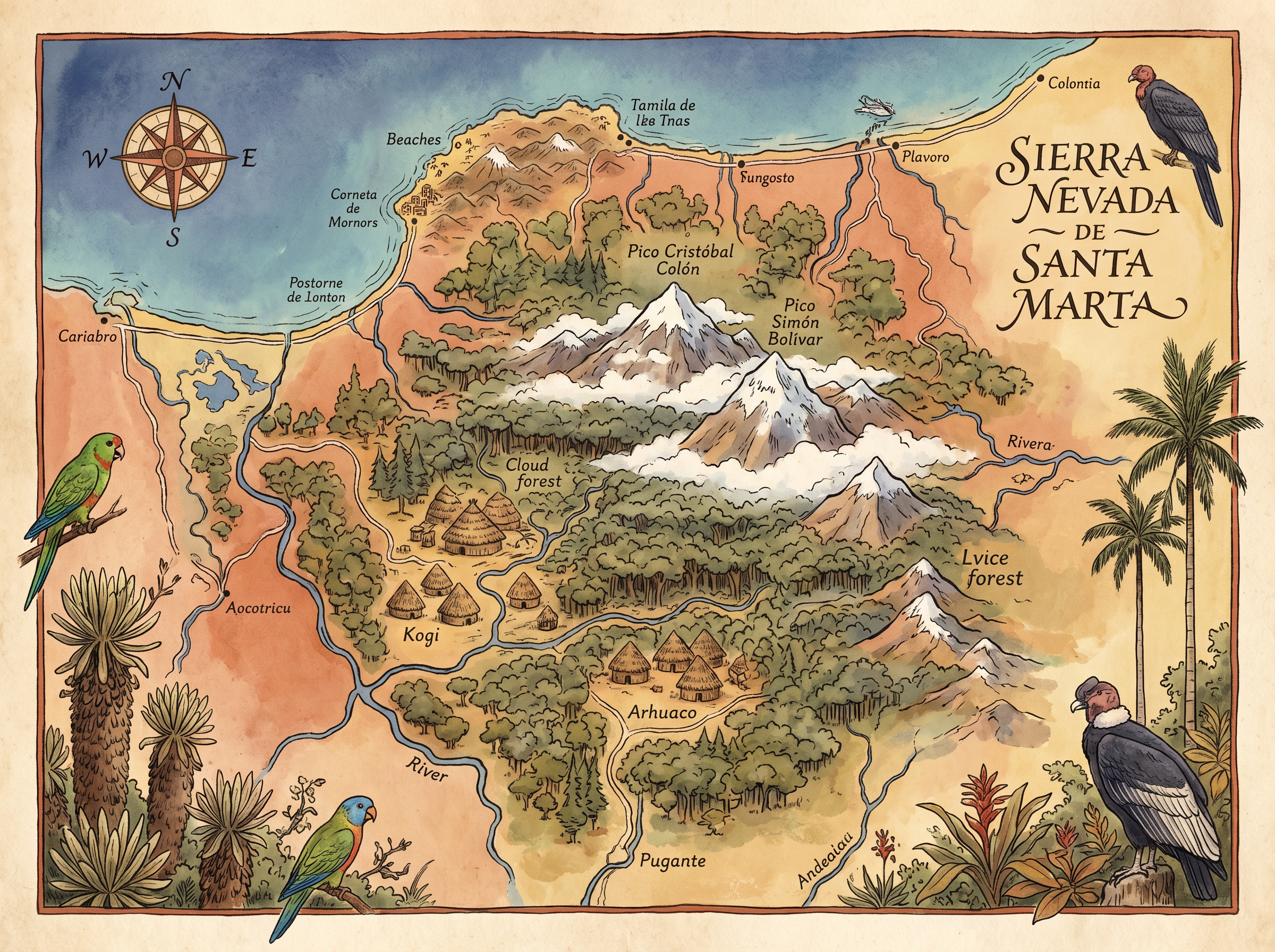 Illustrated cartographic map of Sierra Nevada de Santa Marta showing indigenous villages, cloud forest, snow peaks, and Caribbean coast